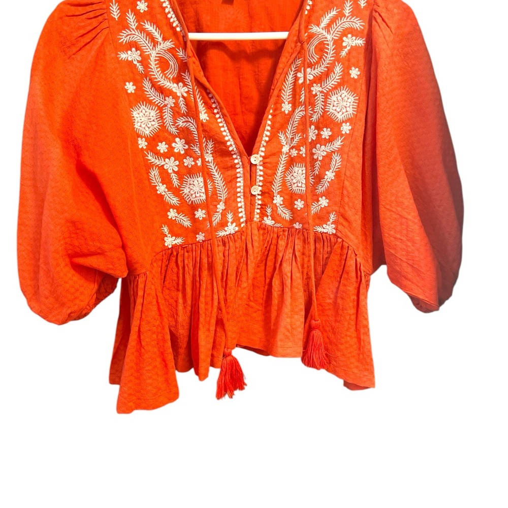 En Creme Orange Flutter Sleeve Peplum Blouse
